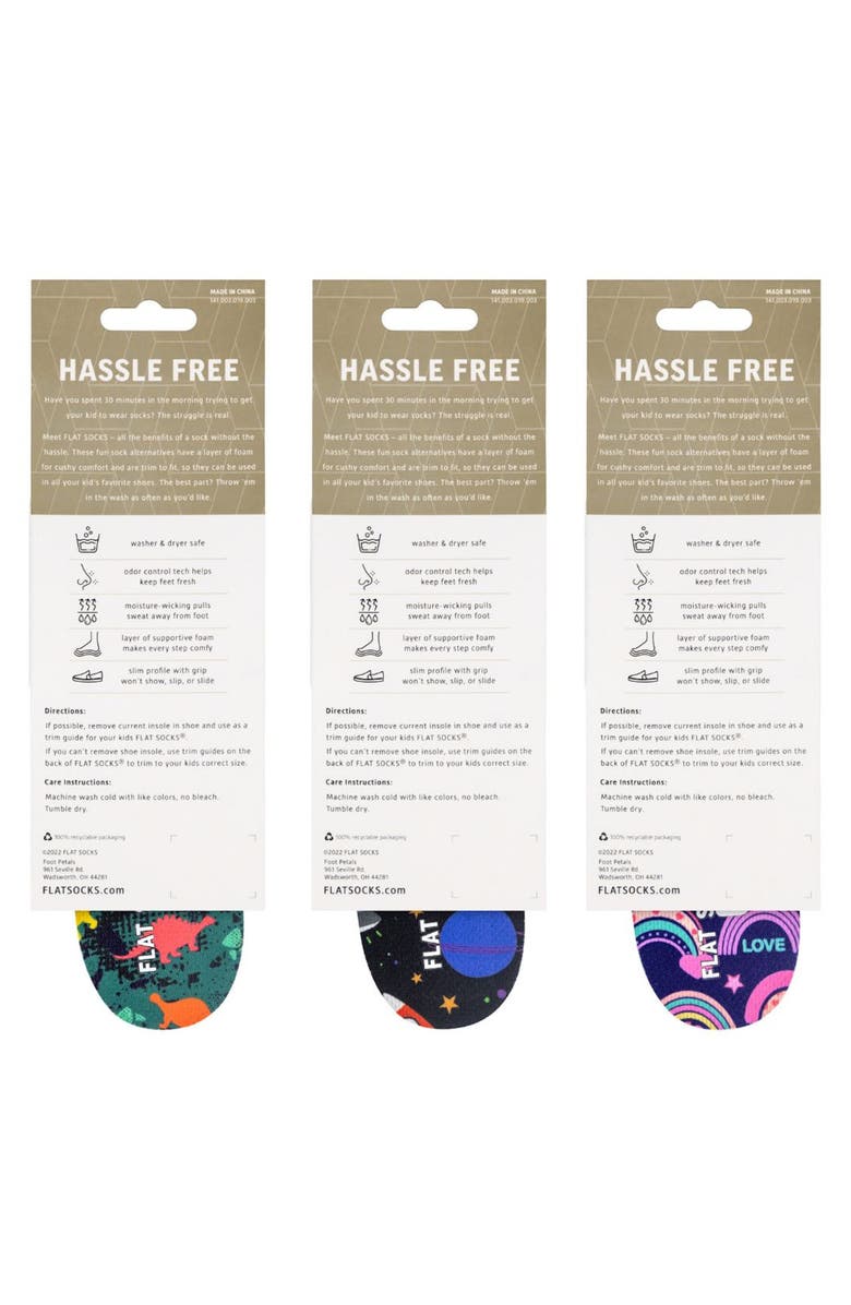 FLAT SOCKS Kids' Assorted 3-Pack Dinosaur Flat Sock Insoles, Alternate, color, Black/ Green/ Purple Assorted