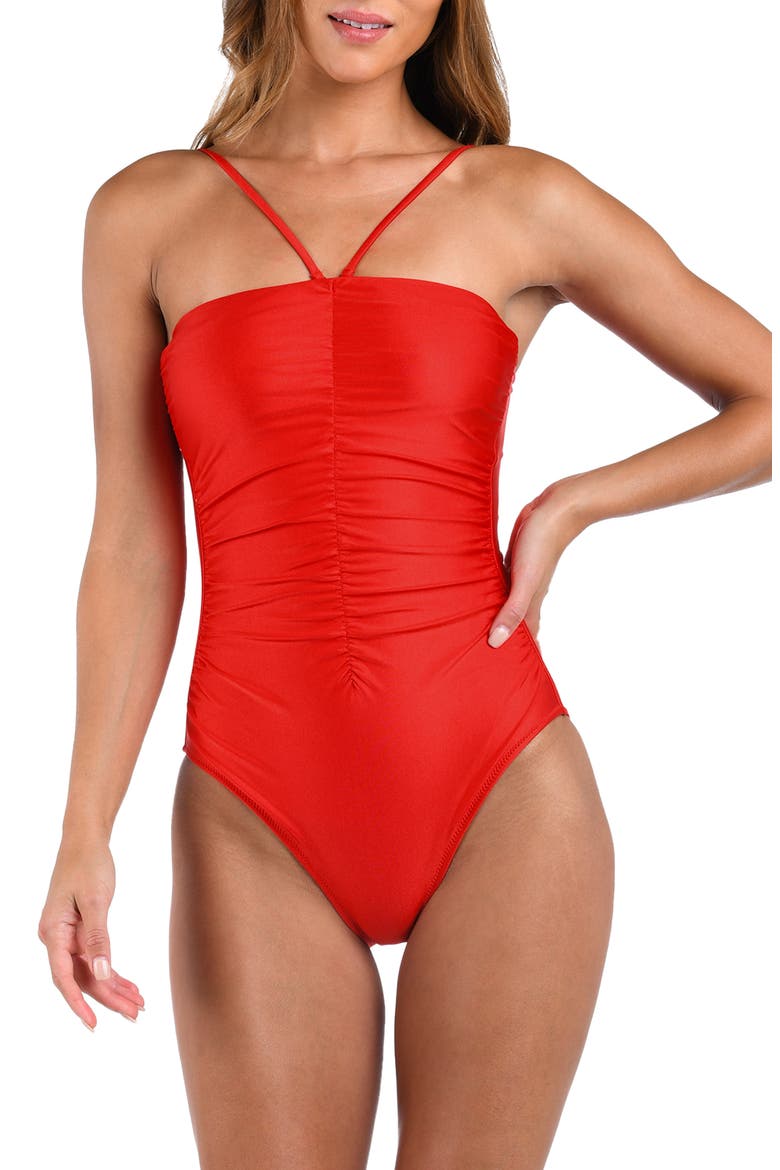 Aubrey Ruched Shimmer One-Piece Swimsuit, Alternate, color, ROUGE