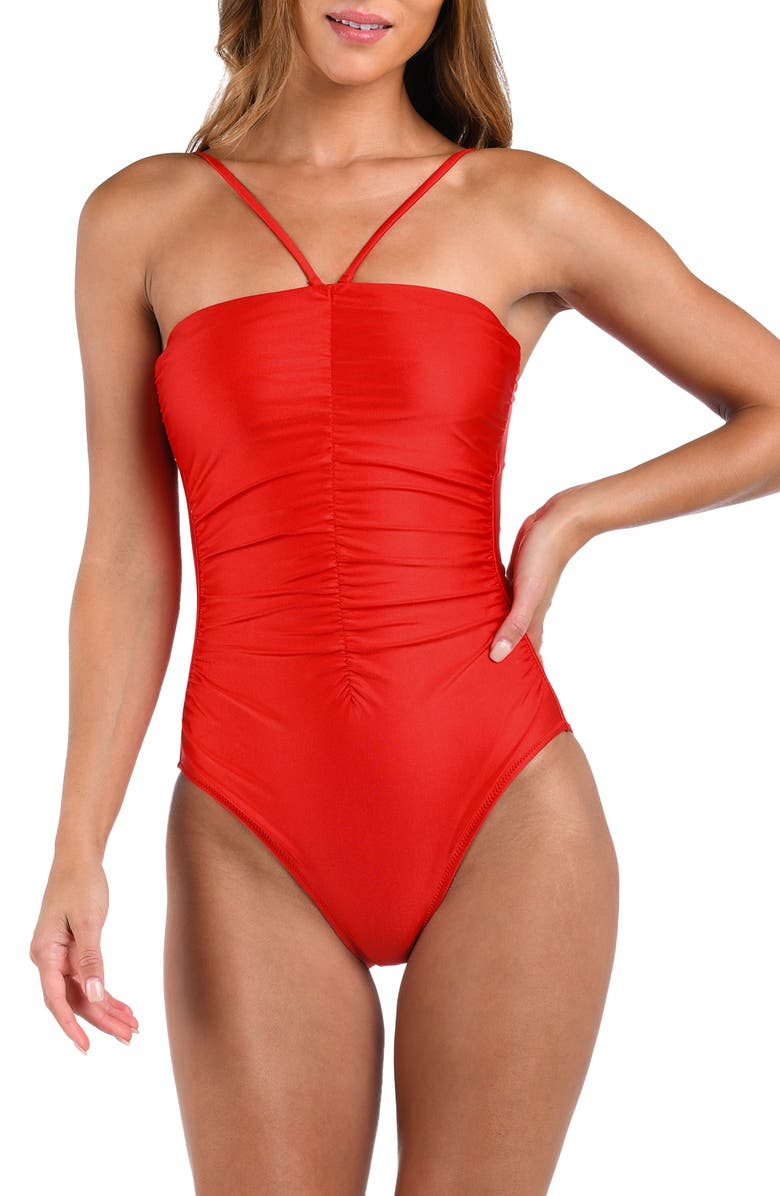 L'AGENCE Aubrey Ruched Shimmer One-Piece Swimsuit, Alternate, color, Rouge