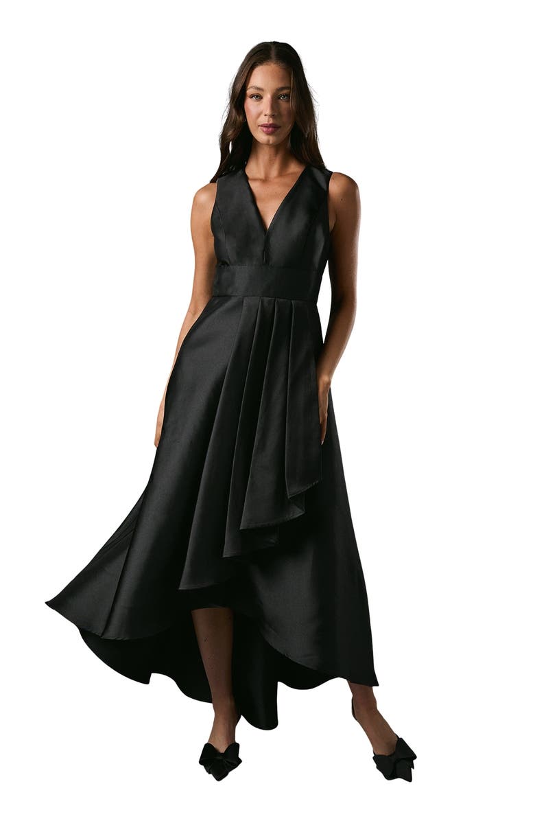 Coast Petite Plunge Waterfall Twill Dress, Main, color, Black