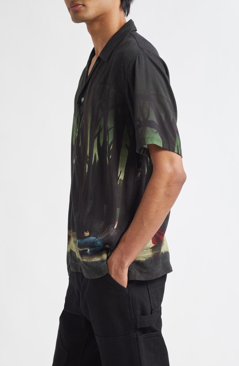 ENDLESS JOY In the Pines Border Silk Twill Button-Up Shirt, Alternate, color, Black Multi