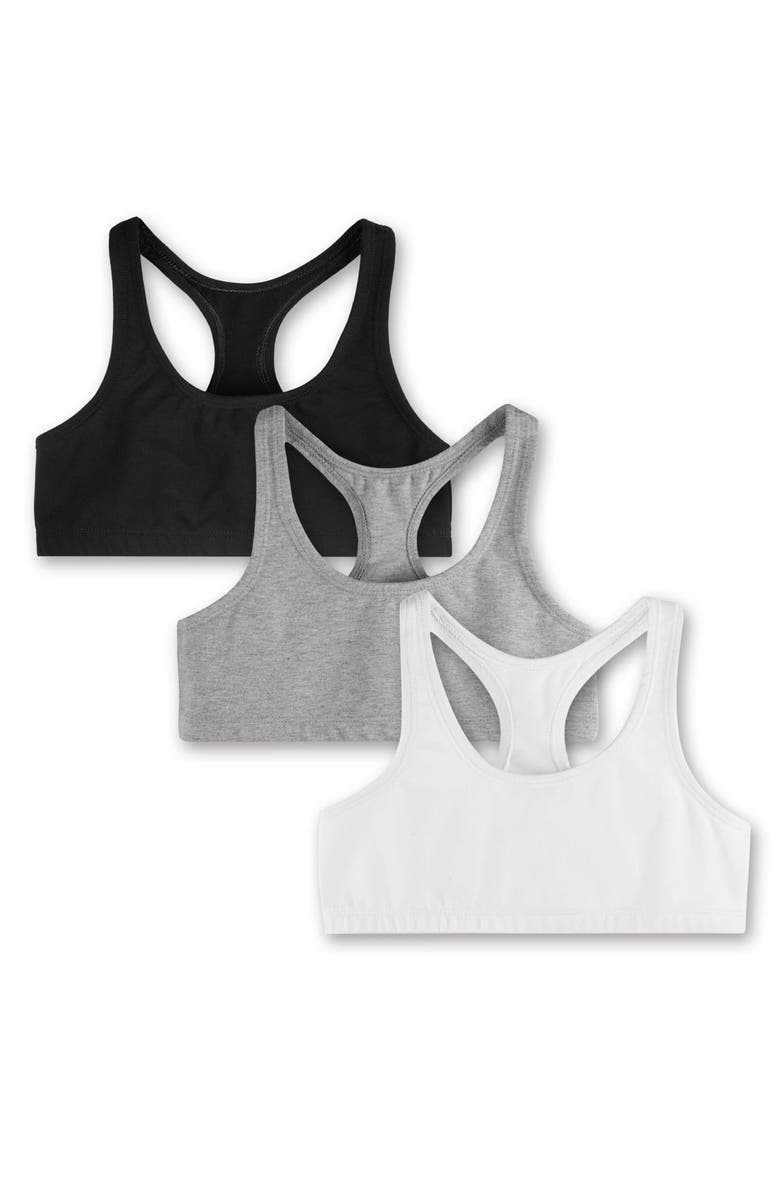 Mightly Organic Cotton Girls Sports Bras 3-pk, Main, color, Black, White Heather Gray