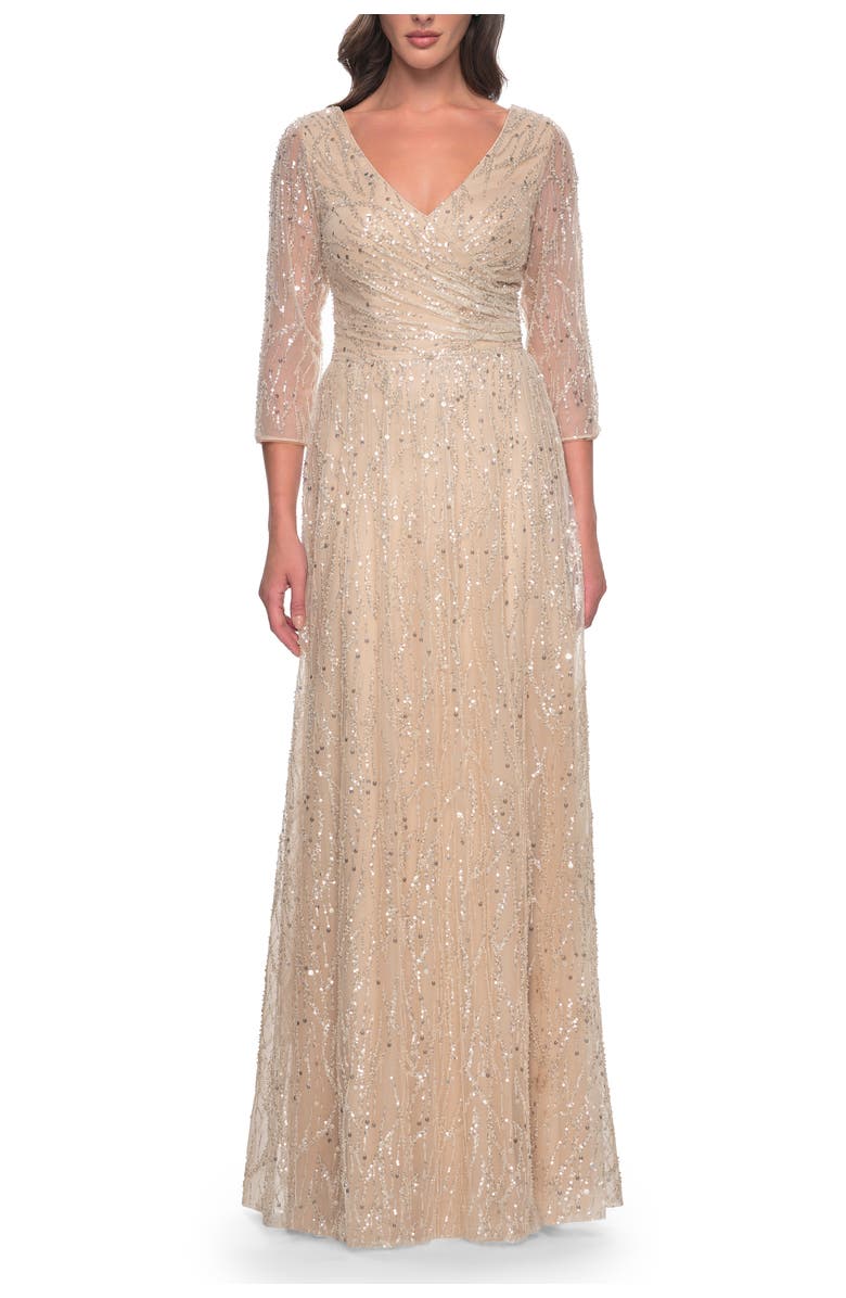 La Femme Beaded Sequin Dress with Ruched Waist and V Neckline, Main, color, Champagne