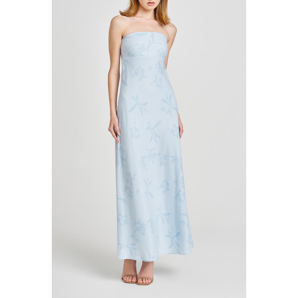 Shop Wayf All Yours Floral Jacquard Strapless Linen Blend Maxi Dress In Baby Blue Floret