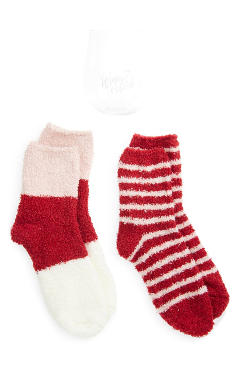 Centric Brands Wine O'Clock Wine Glass & 2-Pack Butter Socks Set, Main, color, Red Multi