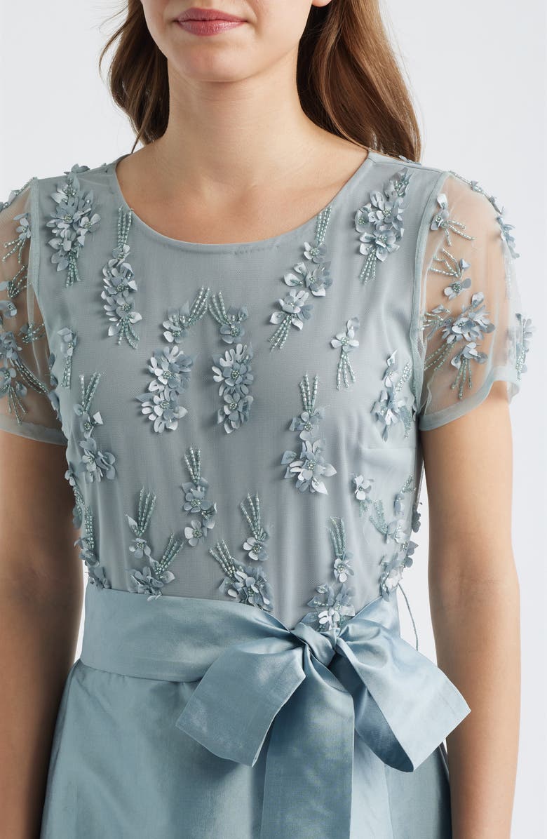 Pisarro Nights 3D Floral Bodice Beaded Gown, Alternate, color, Ice