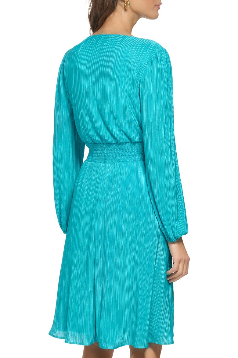Pleated V-Neck Long Sleeve A-Line Dress, Alternate, color, LAGOON