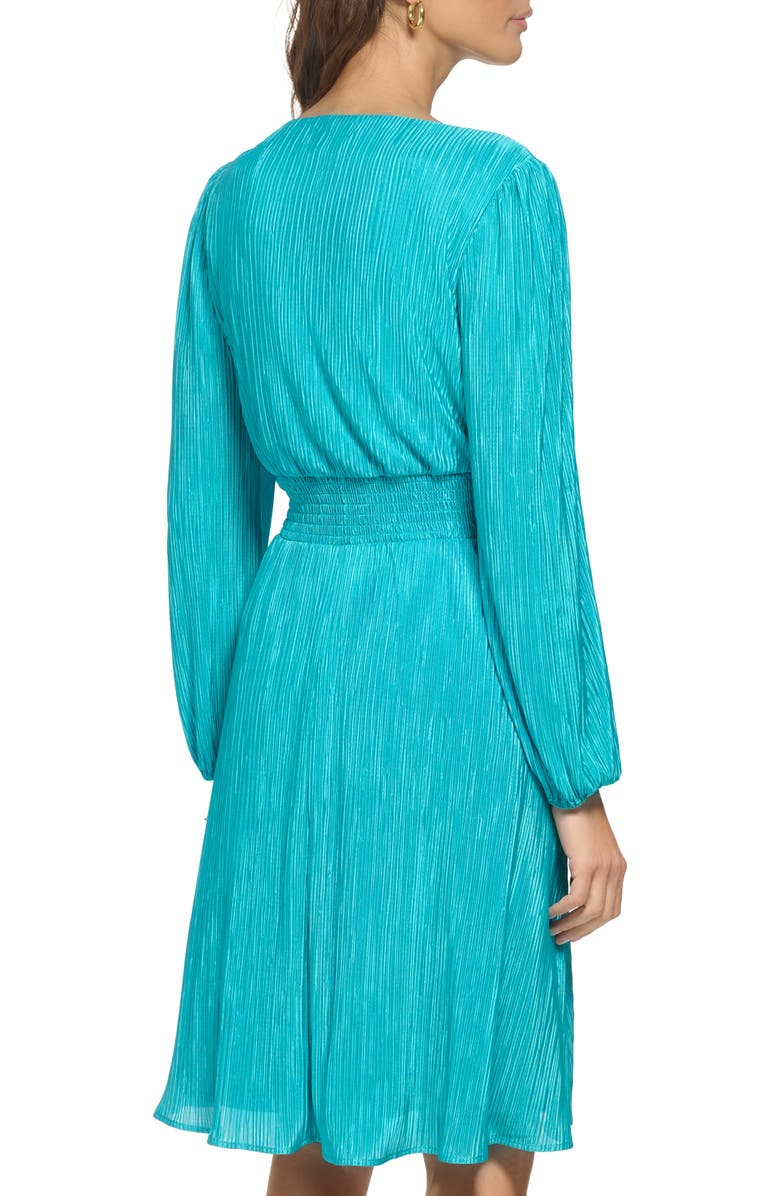 Kensie Pleated V-Neck Long Sleeve A-Line Dress, Alternate, color, Lagoon