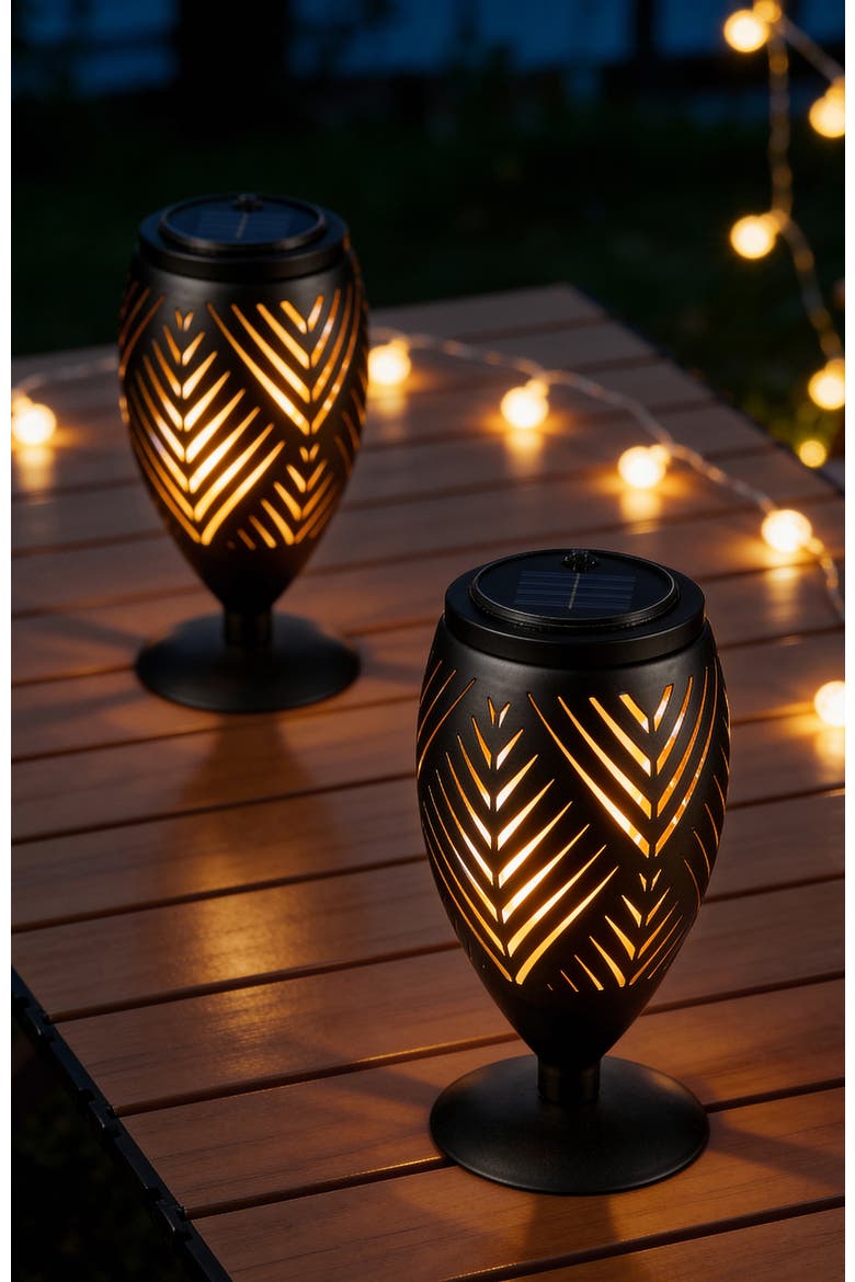 Set of 2 Metal Cutout Stripe Pattern Solar Powered Outdoor Lantern with LED Light, Alternate, color, Black