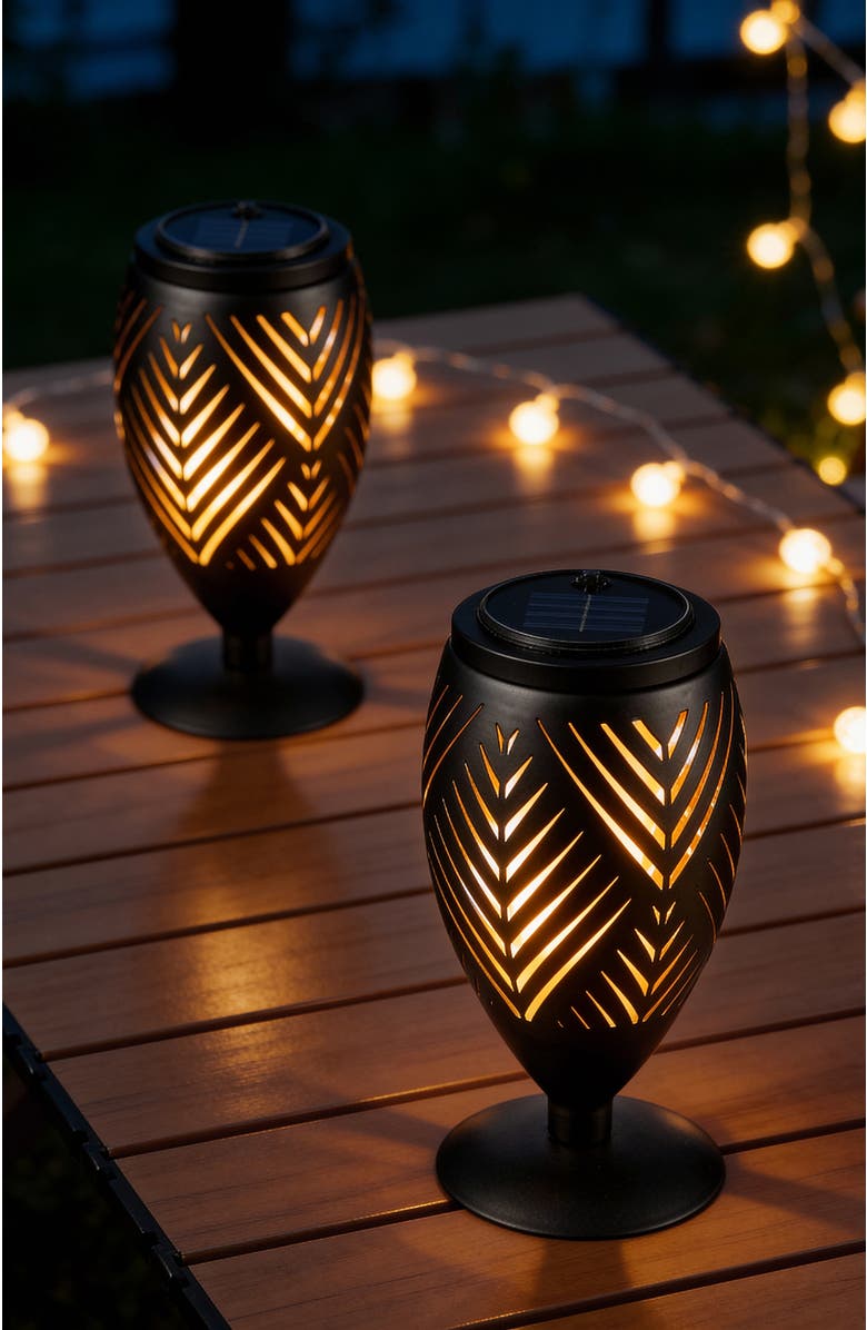 Glitzhome Set of 2 Metal Cutout Stripe Pattern Solar Powered Outdoor Lantern with LED Light, Alternate, color, Black