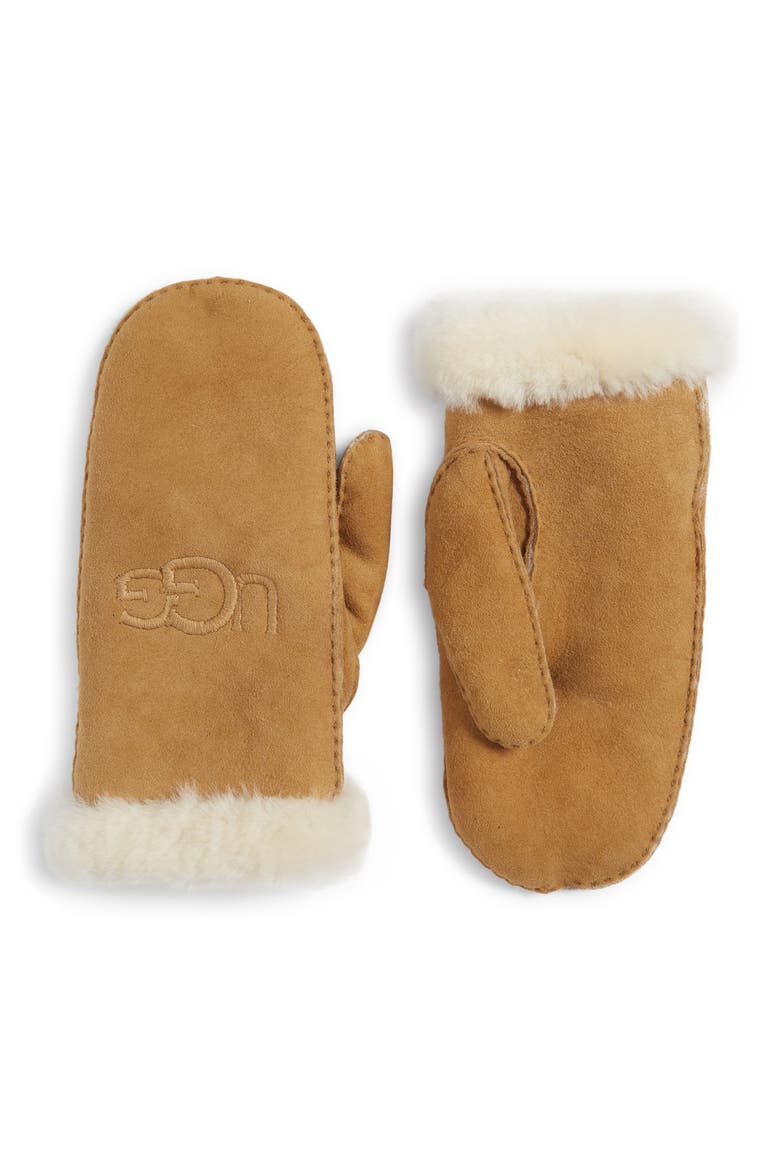Genuine Shearling Lined Mittens, Main, color, CHESTNUT