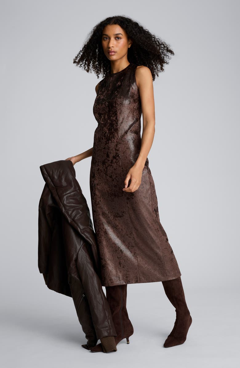 Kenneth Cole Faux Snakeskin Textured Velvet Sheath Dress, Alternate, color, Marsh Brown
