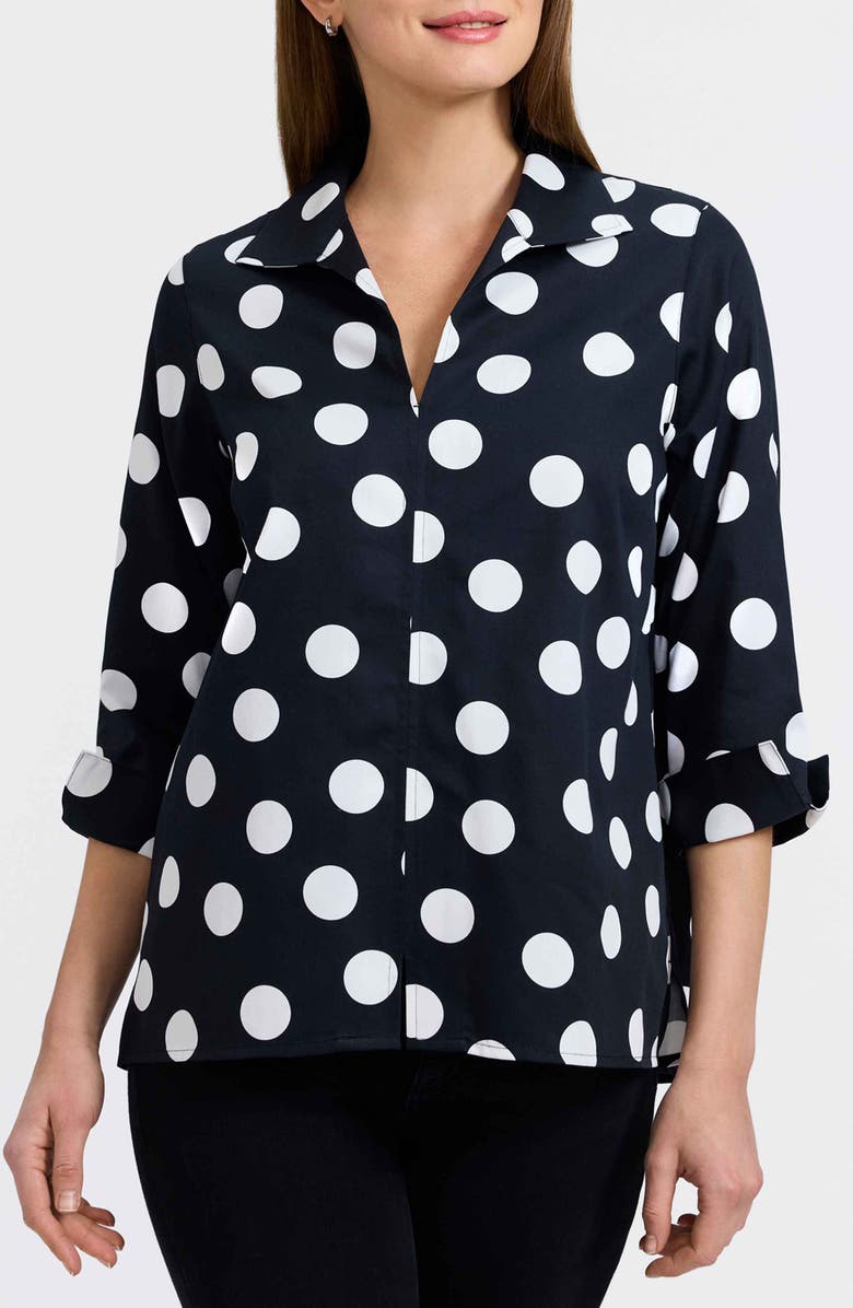 Foxcroft Agnes Dot Print Three-Quarter Sleeve Popover Top, Main, color, Black/ White