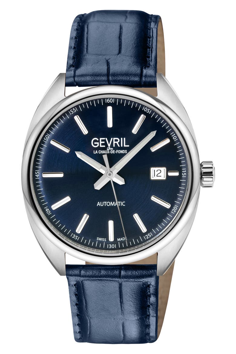Five Points Croc Embossed Leather Strap Watch, 43mm, Main, color, BLUE