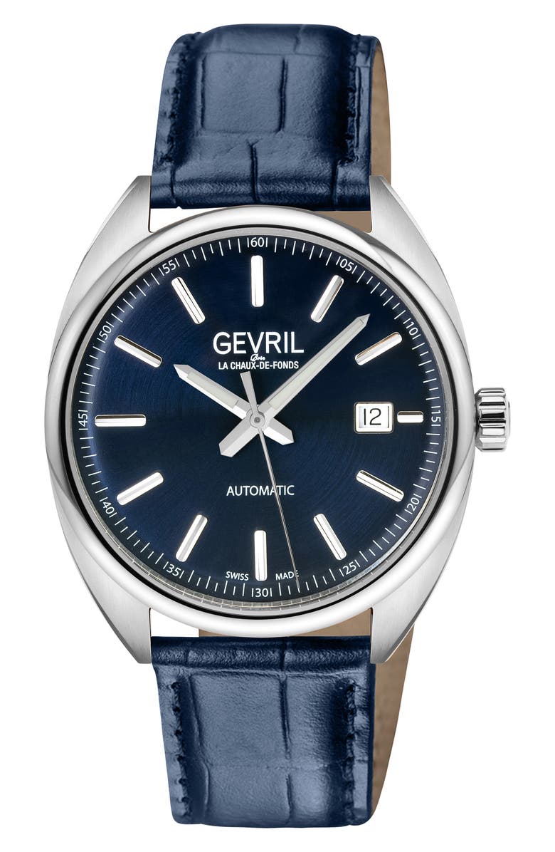 GEVRIL Five Points Croc Embossed Leather Strap Watch, 43mm, Main, color, Blue