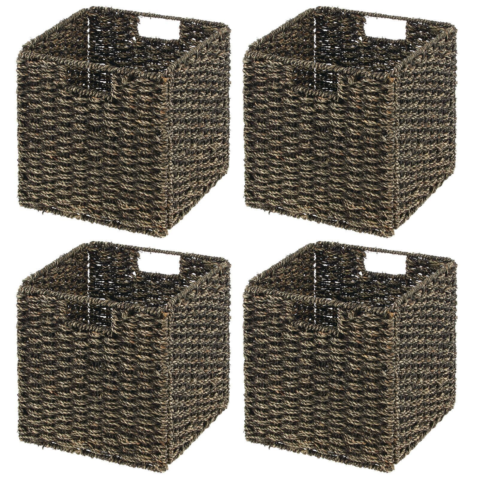 mDesign Seagrass Woven Cube Bin Basket Organizer, Handles, 4 Pack in Black Wash 
