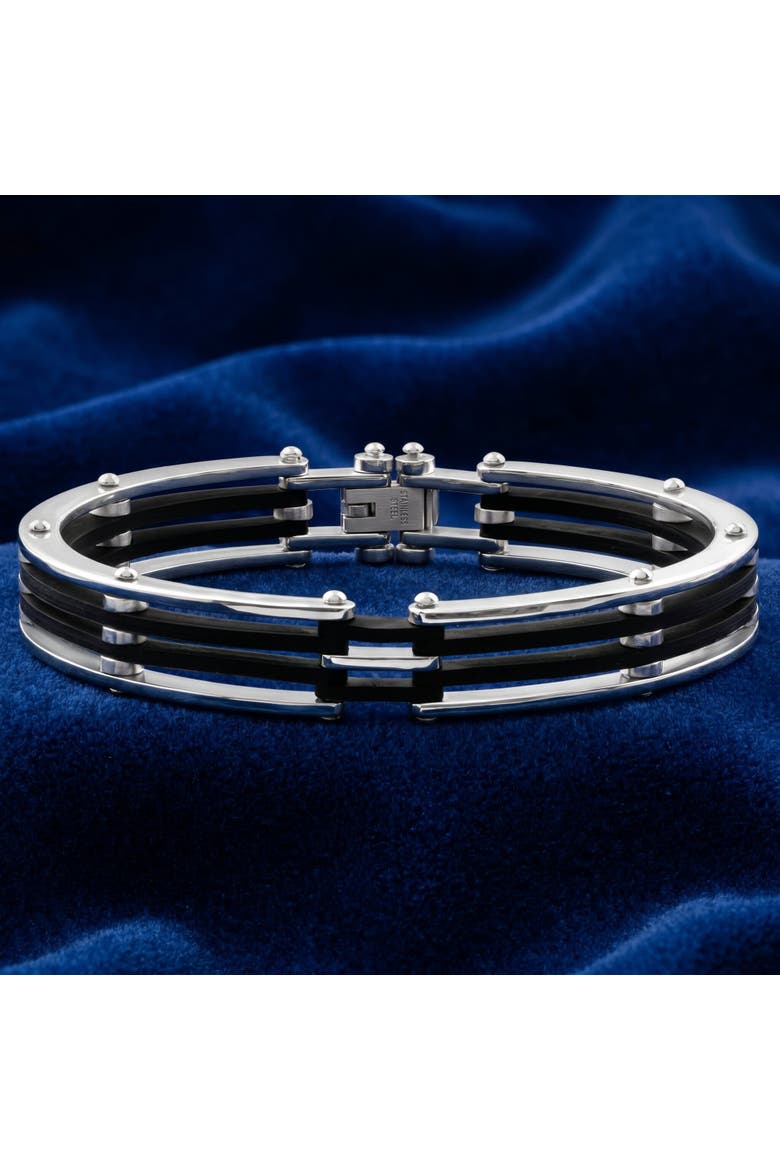 Men's Steel And Black Silicone Latched 8" 13.5mm " Cuffed Bracelet, Alternate, color, Stainless Steel