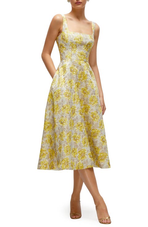 Golden Metallic Floral Midi Cocktail Dress