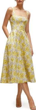 Dessy Collection Golden Metallic Floral Midi Cocktail Dress