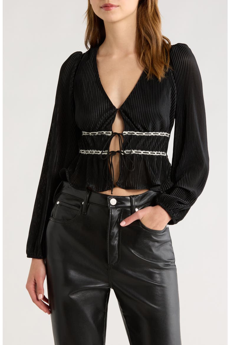 Tie Front Satin Plissé Top, Main, color, BLACK