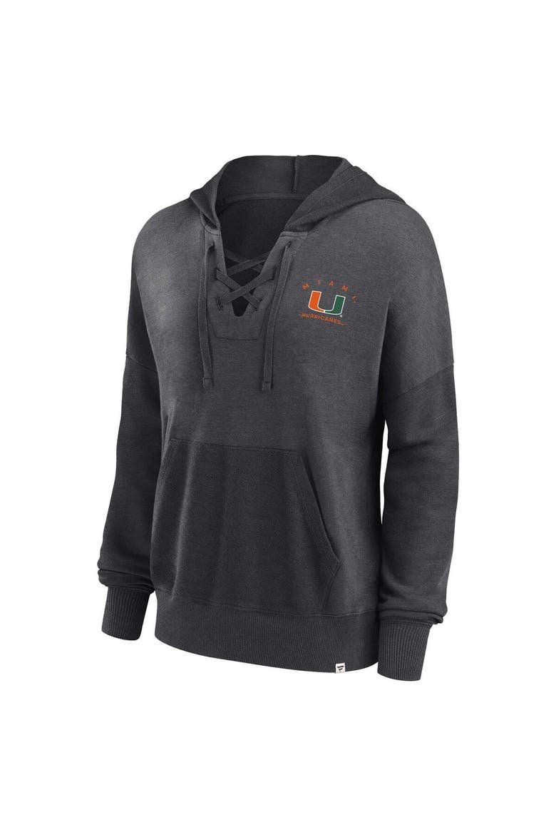 Women's Fanatics Branded Heather Charcoal Miami Hurricanes Campus Lace-Up Pullover Hoodie, Alternate, color, Heather Charcoal
