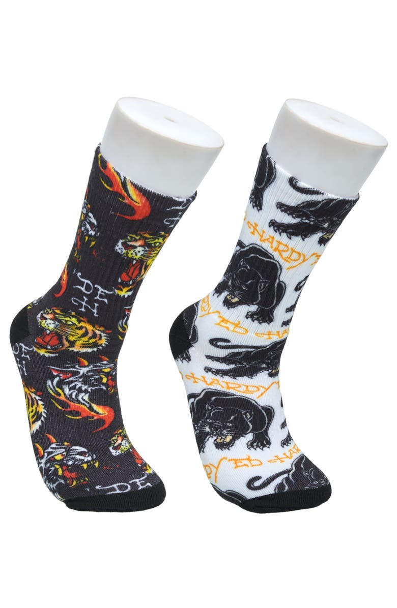 Ed Hardy Mens 360 Tiger Print Full Cushion Crew Sock 2-Pack, Main, color, Grey