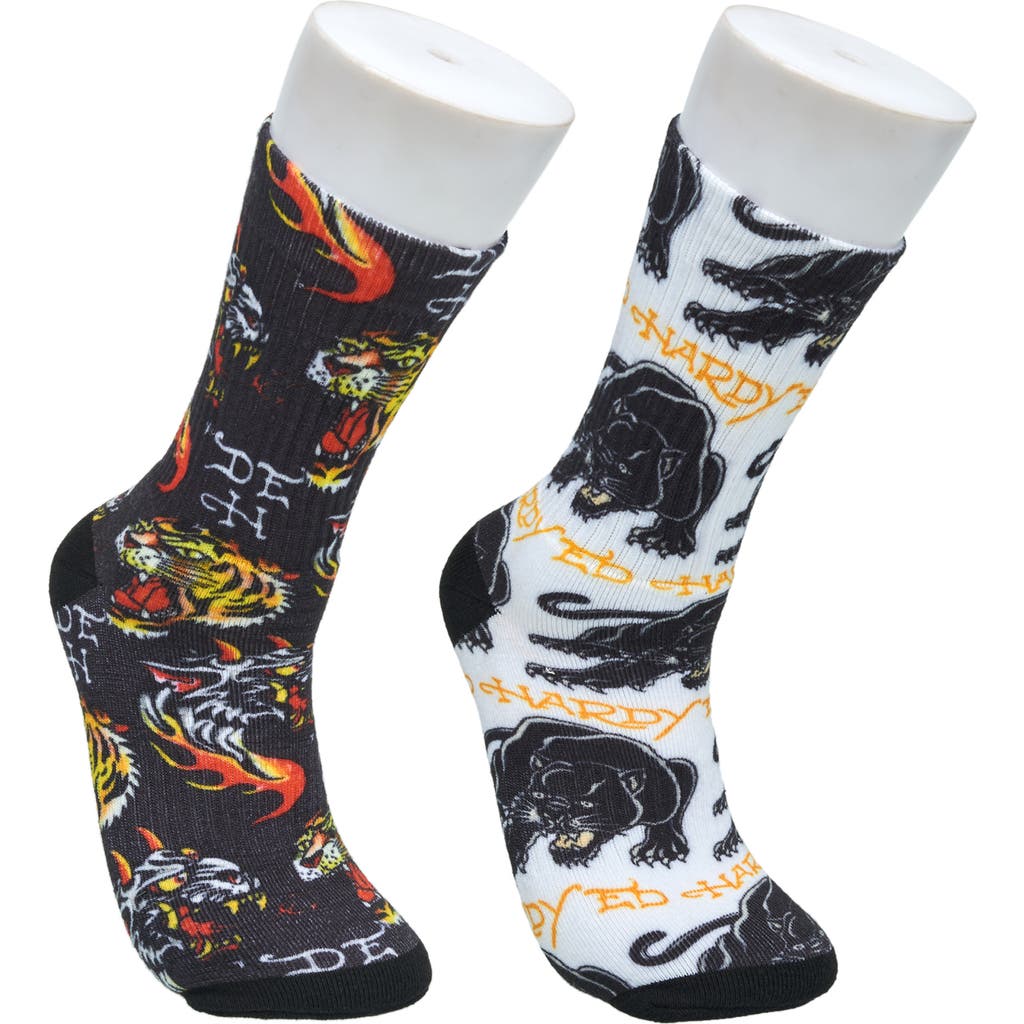 Ed Hardy Mens 360 Tiger Print Full Cushion Crew Sock 2-pack In Gray