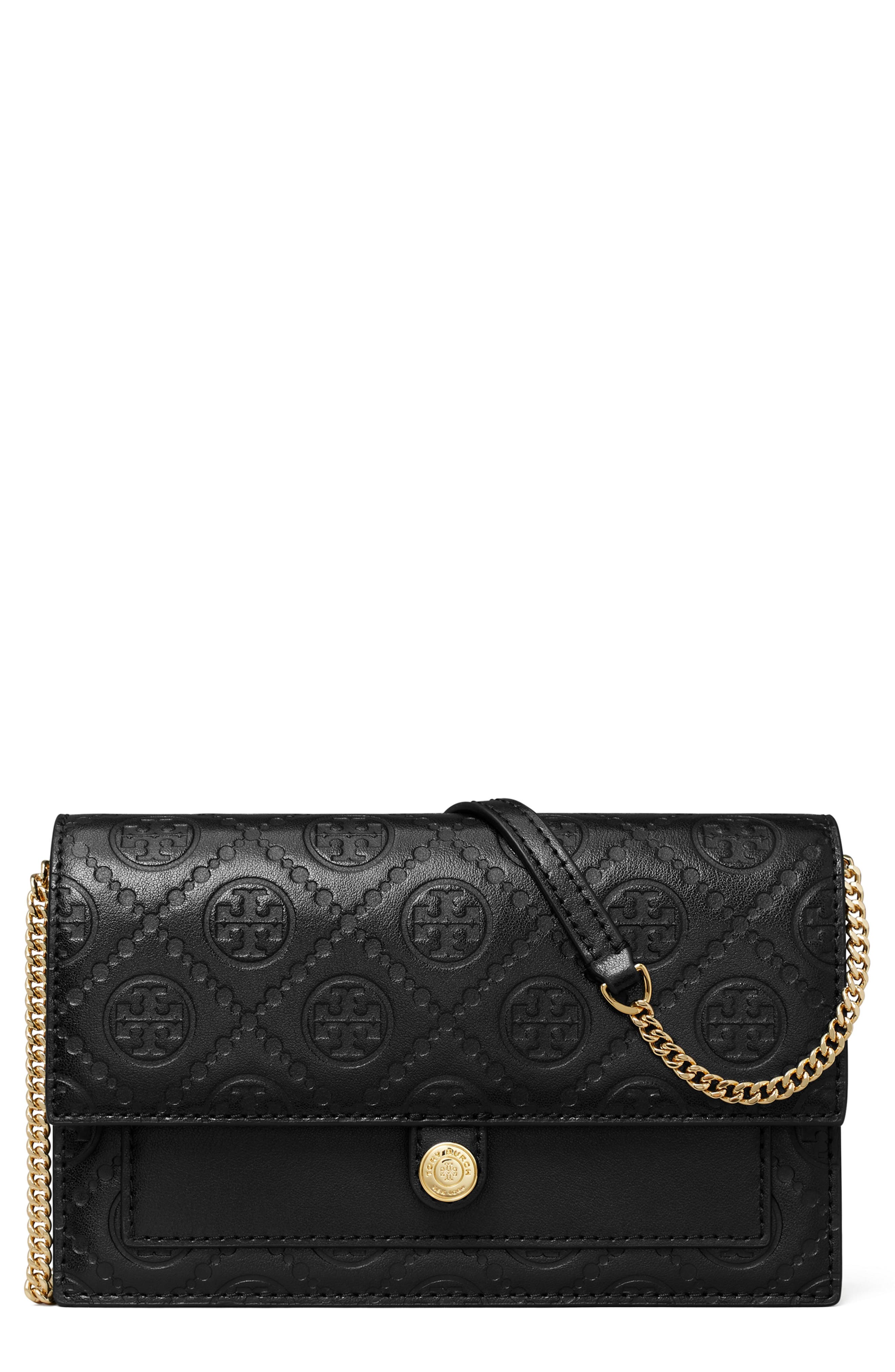 T Monogram Leather Crossbody, Main, color, BLACK