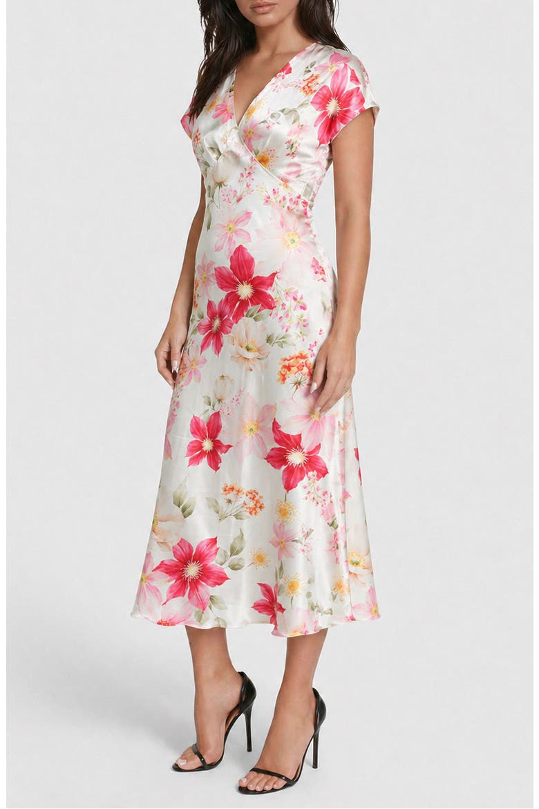 Satin V-Neck Midi Dress, Alternate, color, PINK FLORAL