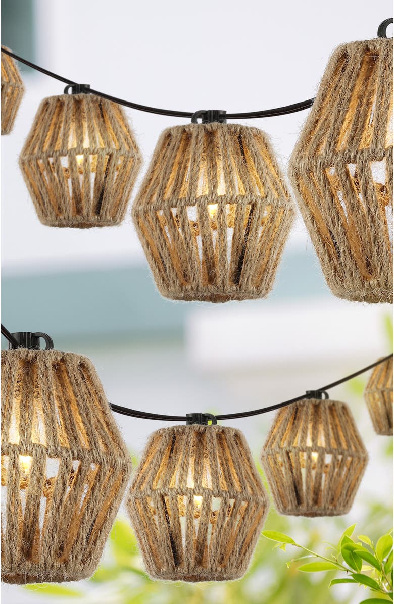 JONATHAN Y Samara 10-Light Indoor/Outdoor Mid-Century Classic Incandescent C7 Lantern Hemp Rope Shaded String Lights, Alternate, color, Brown