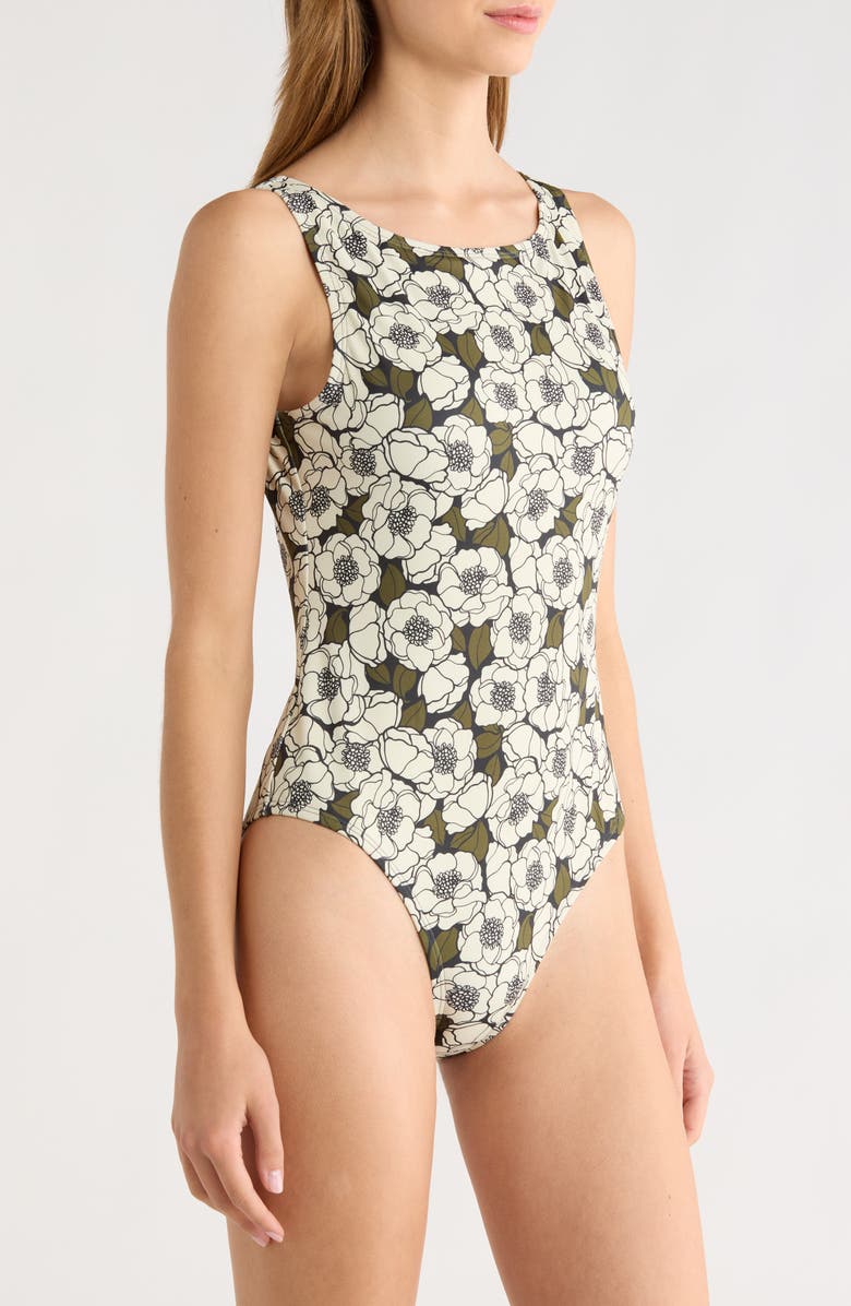 Hutch Buckle Back One-Piece Swimsuit, Alternate, color, Blck Olive Flt Outline Poppies