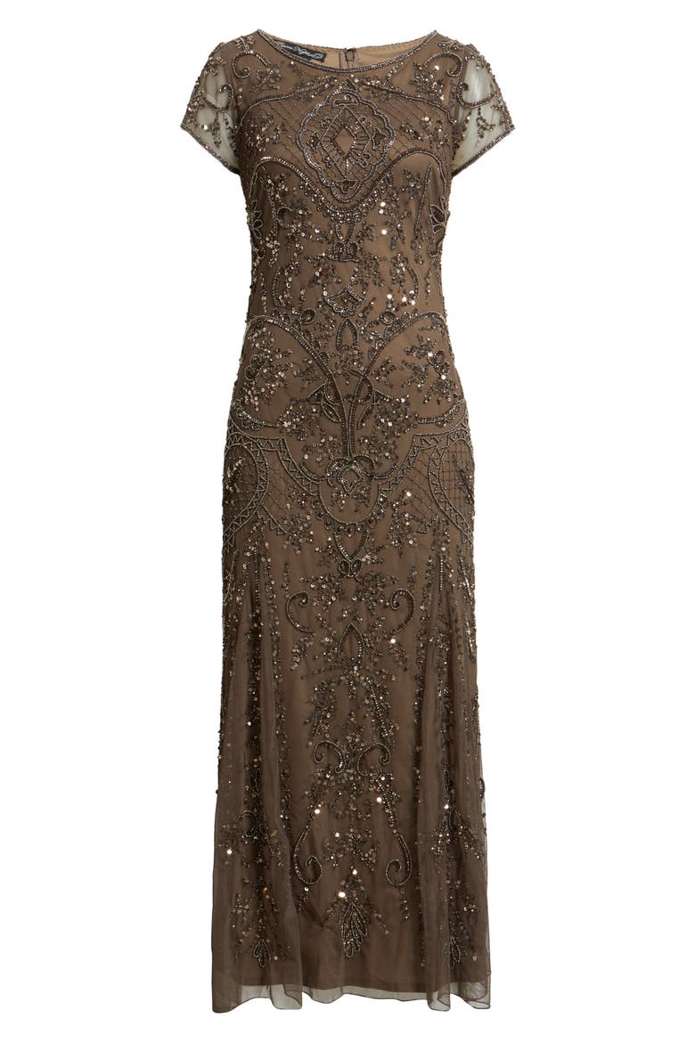 Beaded Mesh Midi Cocktail Dress, Alternate, color, DARK MOCHA 278