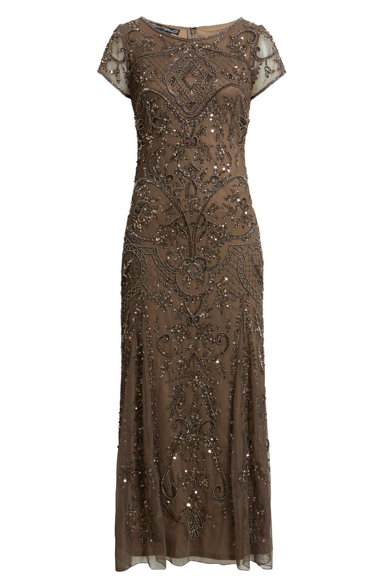 Pisarro Nights Beaded Mesh Midi Cocktail Dress, Alternate, color, Dark Mocha