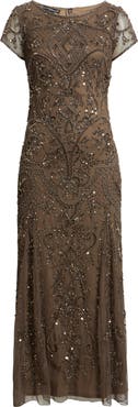 Pisarro Nights Beaded Mesh Midi Cocktail Dress