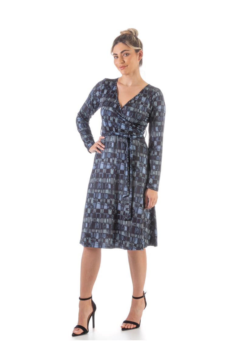 24seven Comfort Apparel Long Sleeve Knee Length Faux Wrap Dress, Alternate, color, Gray Multi