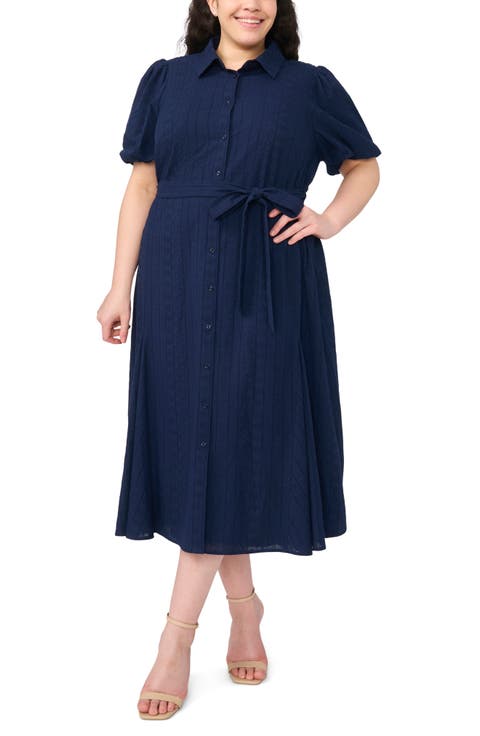 Embroidered Tie Waist Maxi Shirtdress (Plus)