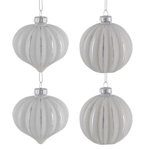 Striped Ball and Onion Glass Christmas Ornaments - 3" (80mm) - White and Silver  - 4ct