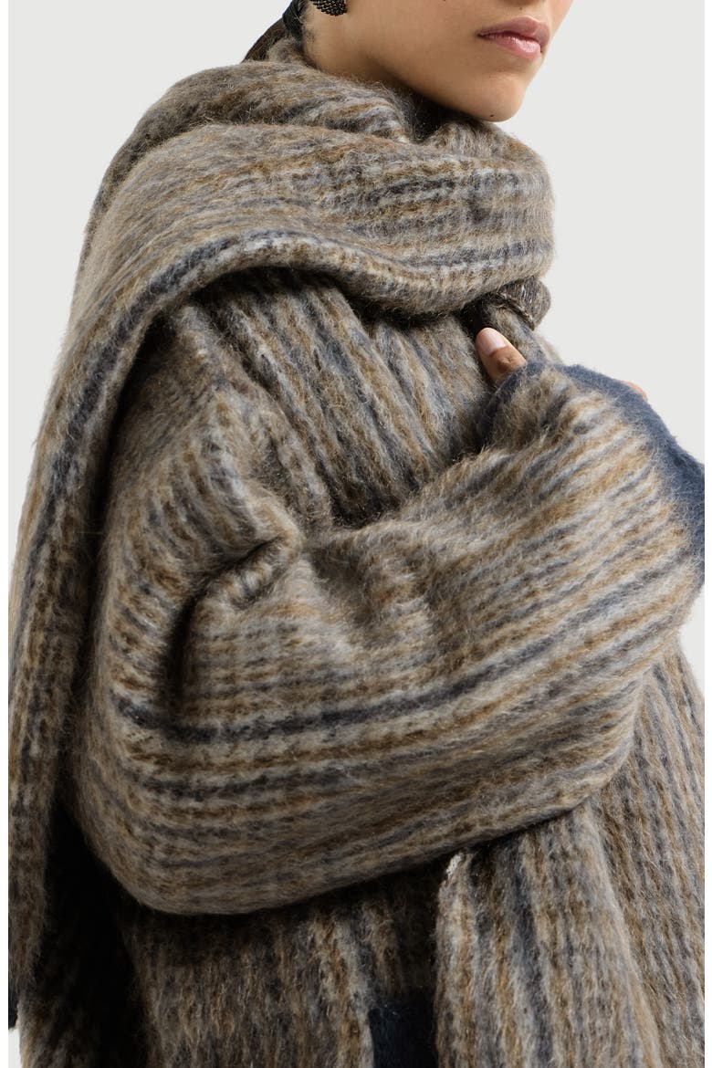 Mohair and wool Prince of Wales double knit outerwear jacket with scarf, Alternate, color, Brown