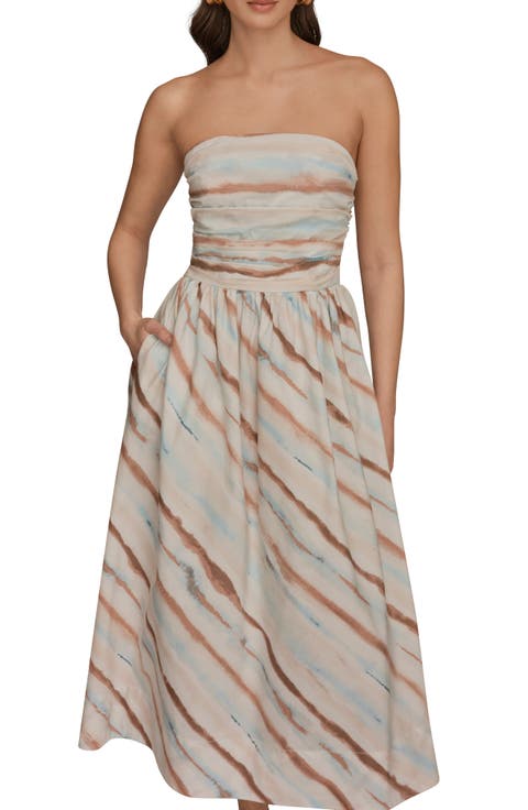Watercolor Print Strapless Maxi Dress