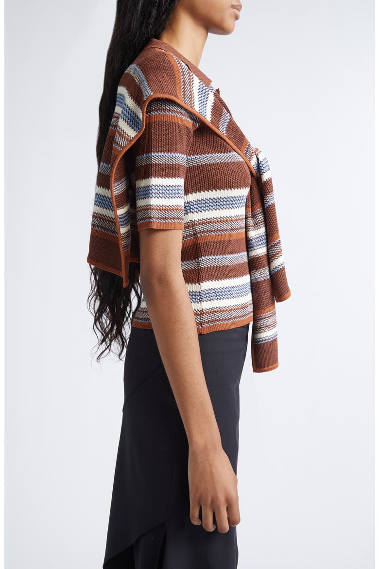 Tie Scarf Overlay Stripe Short Sleeve Sweater, Alternate, color, BROWN MULTI