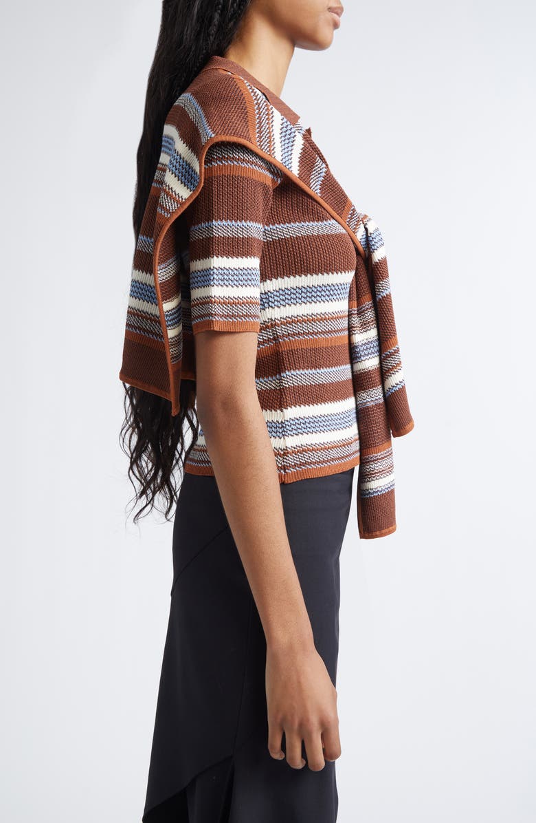 MONSE Tie Scarf Overlay Stripe Short Sleeve Sweater, Alternate, color, Brown Multi