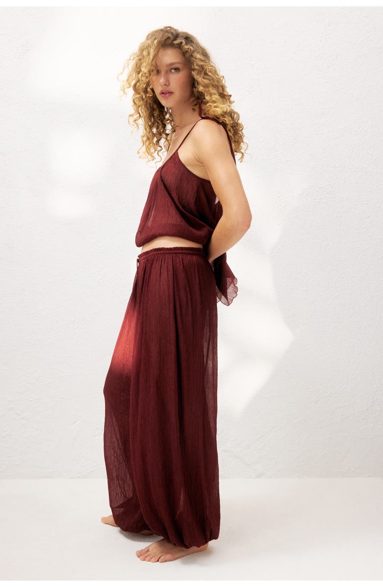 H&M Crinkled Balloon Beach Trousers, Alternate, color, Dark Red