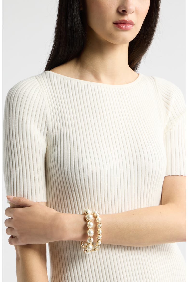 2-Pack Metal Wrapped Imitation Pearl Bracelets, Alternate, color, WHITE- GOLD
