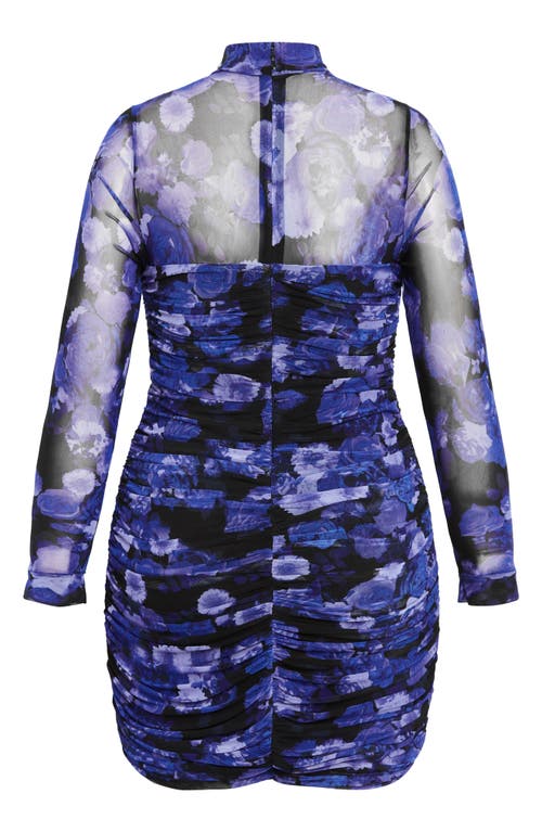 City Chic Robin Print Ruched Long Sleeve Body-con Dress In Blue