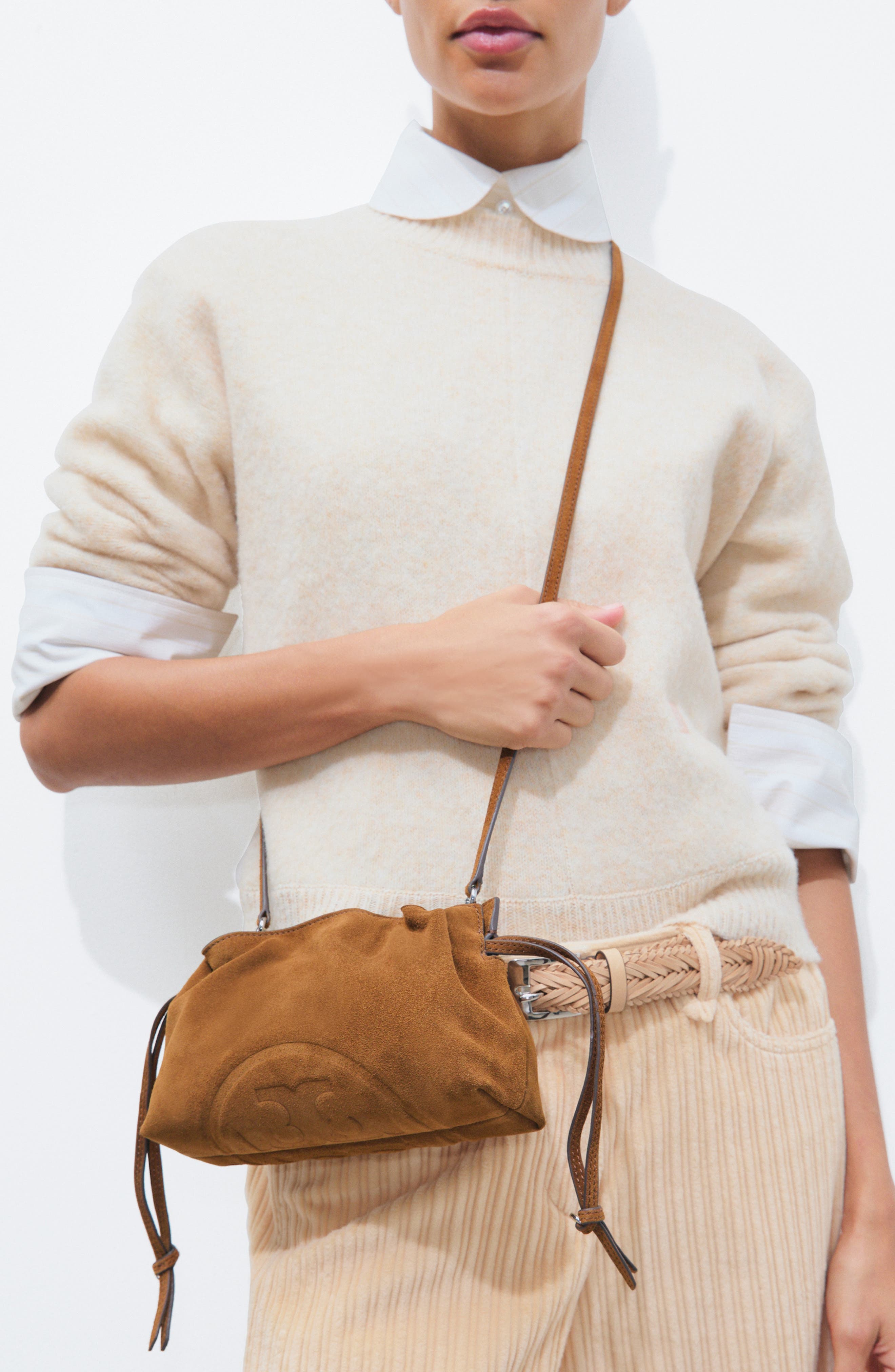 Ella Suede Drawstring Pouch, Alternate, color, CARAMEL