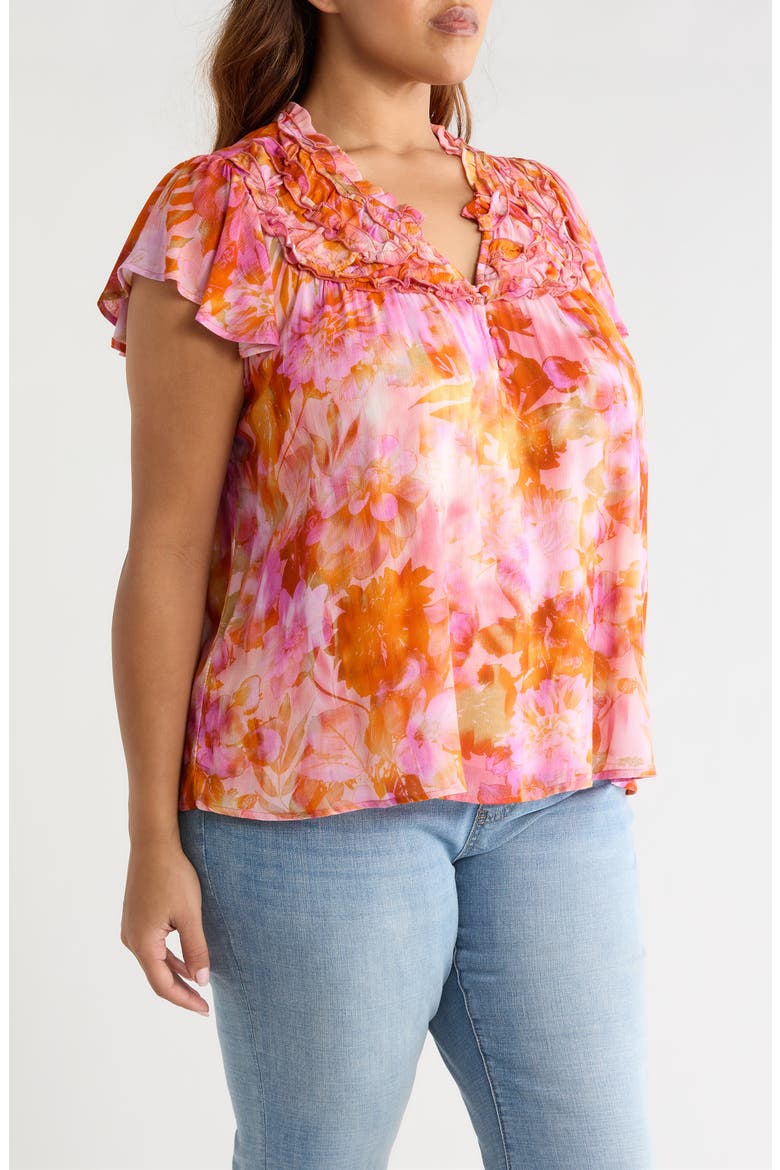 Floral Print Flutter Sleeve Top, Alternate, color, ORANGE/ PINK MULTI