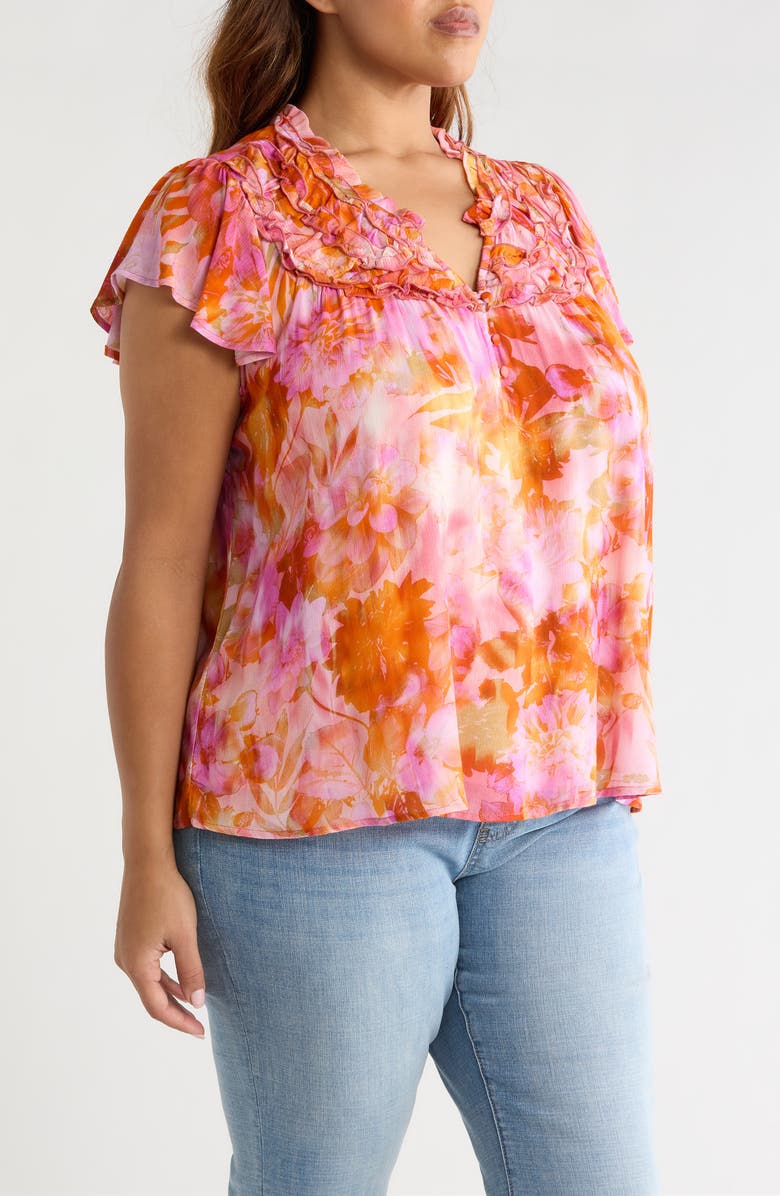 Liverpool Los Angeles Floral Print Flutter Sleeve Top, Alternate, color, Orange/ Pink Multi