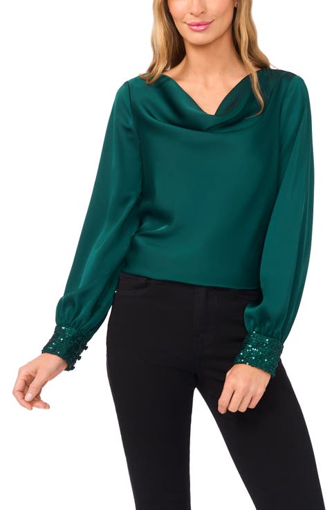 Cowl Neck Sequin Cuff Charmeuse Top