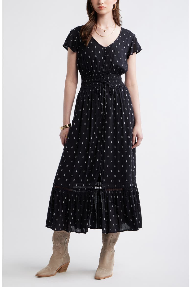 Smocked Dobby Maxi Dress, Main, color, BLACK- IVORY DOBBY DOT