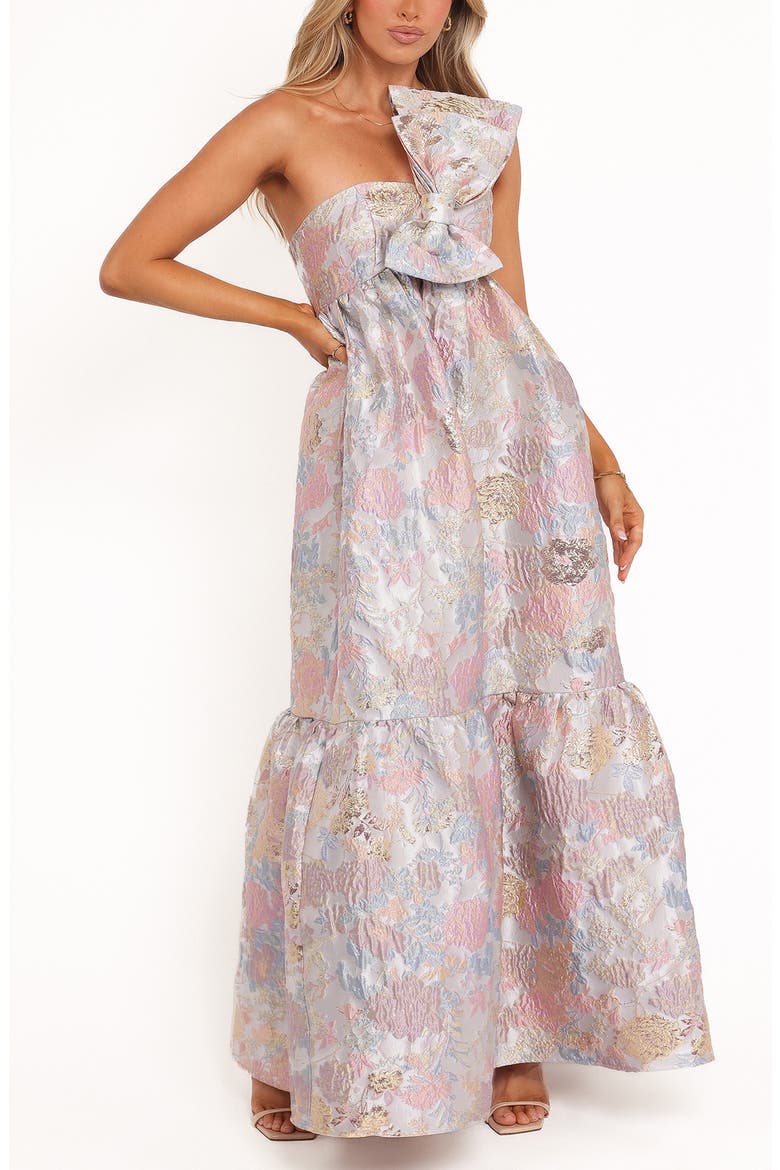 Betina Bow Front Strapless Jacquard Maxi Dress, Alternate, color, PALE BLUE FLORAL